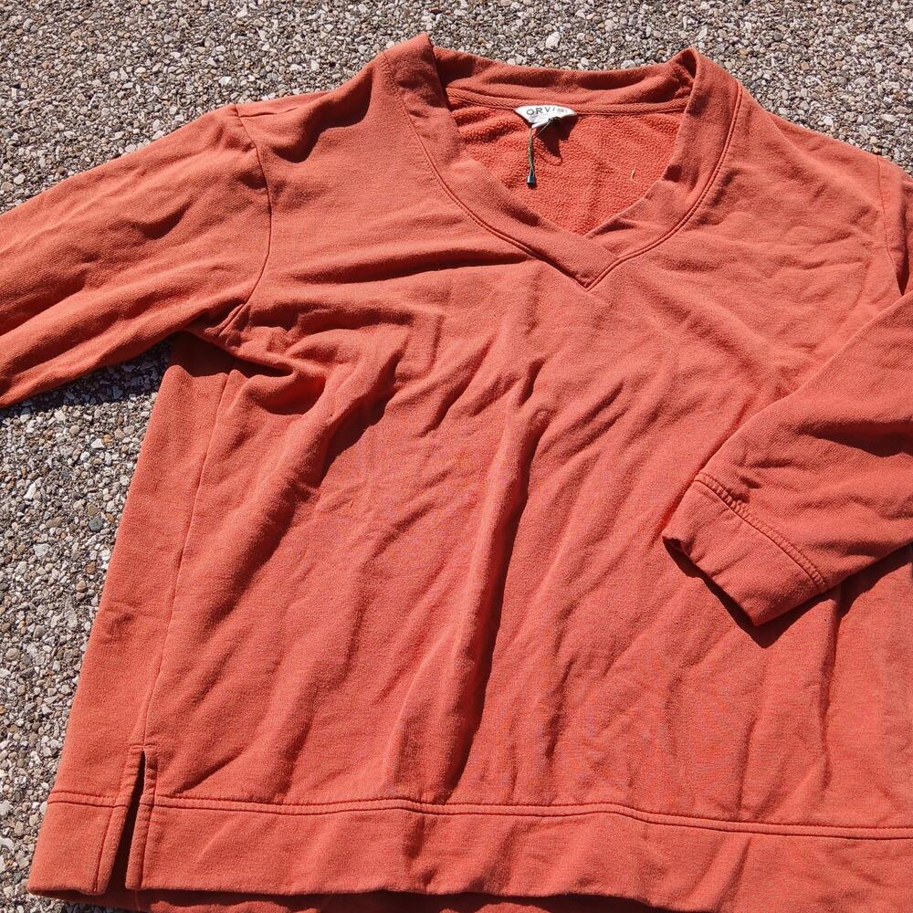 Orvis Sweatshirt Mens Large Orange Fleece V Neck Pullover Outdoor Logo